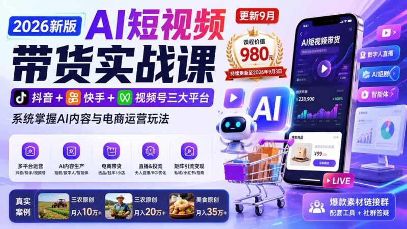 2026新版AI短视频带货实战课-更新9月:抖音+快手+视频号三大平台,系统掌握AI内容与电商运营玩法 三零资源-三零资源