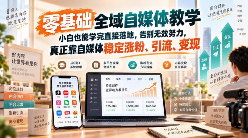 零基础全域自媒体教学,小白也能学完直接落地,告别无效努力,真正靠自媒体稳定涨粉、引流、变现 三零资源-三零资源