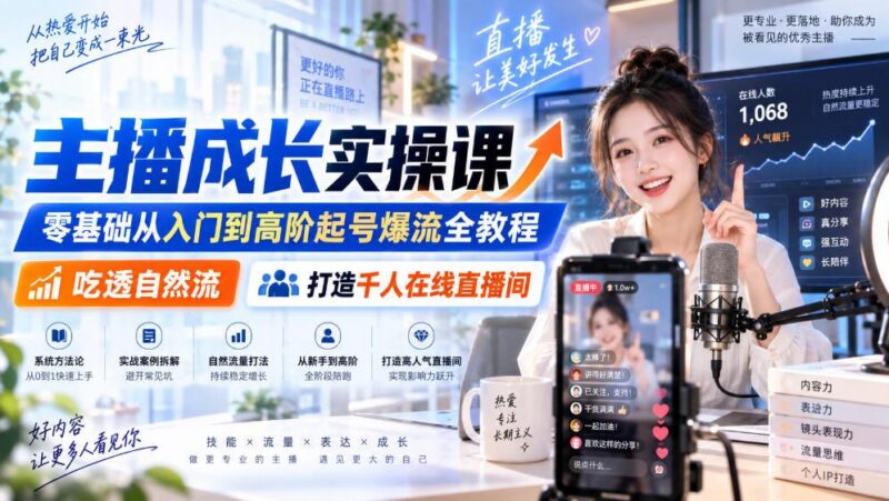 主播成长实操课|零基础从入门到高阶起号爆流全教程,吃透自然流,打造千人在线直播间 三零资源-三零资源
