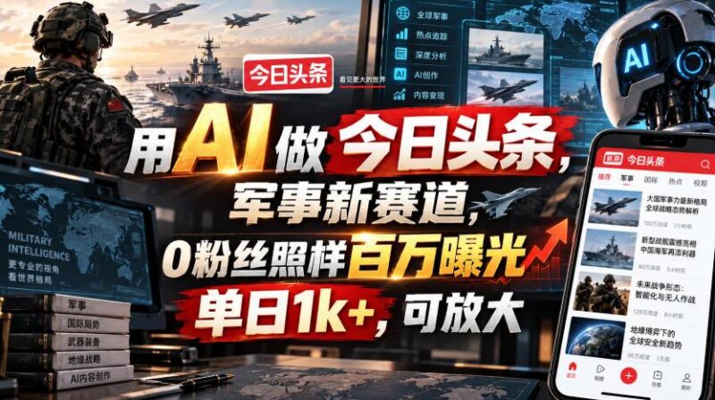 用AI做今日头条，军事新赛道，0粉丝照样百万曝光，单日1k+，可放大 三零资源-三零资源