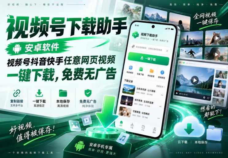 视频号下载助手，安卓软件，视频号抖音快手任意网页视频，一键下载，免费无广告