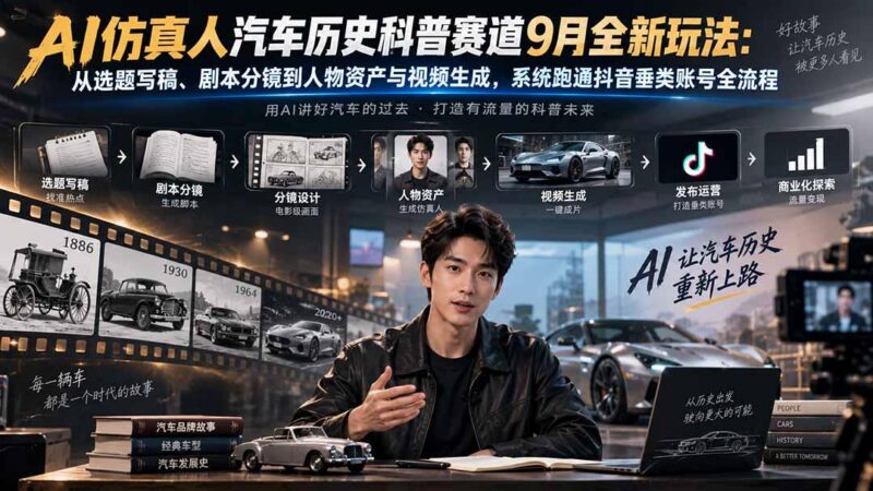 AI仿真人汽车历史科普赛道9月全新玩法:从选题写稿、剧本分镜到人物资产与视频生成,系统跑通抖音垂类账号全流程 三零资源-三零资源