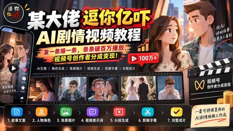 某大佬逗你亿吓AI低模剧情视频制作教程：发一条爆一条，条条破百万播放，利用视频号创作者分成变现! 三零资源-三零资源