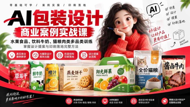 AI包装设计商业案例实战课:水果食品、饮料牛奶、猫粮肉类多品类训练,掌握设计提案与印刷落地完整方法-三零资源