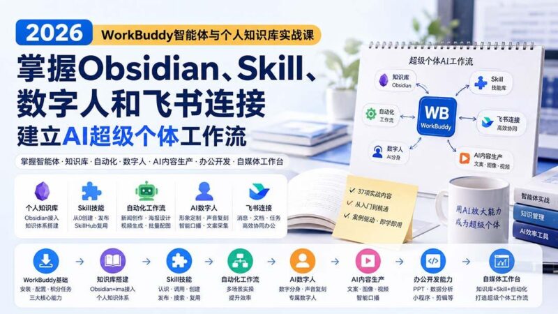 2026 WorkBuddy智能体与个人知识库实战课:掌握Obsidian、Skill、数字人和飞书连接,建立AI超级个体工作流-三零资源