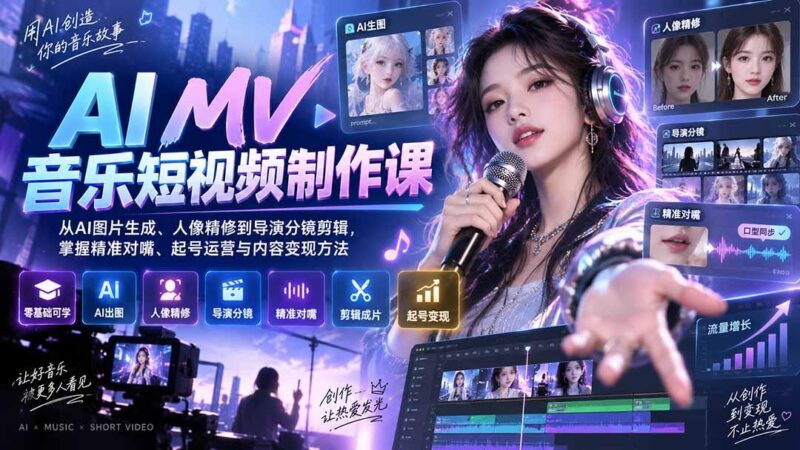 AI MV音乐短视频制作课:从AI图片生成、人像精修到导演分镜剪辑,掌握精准对嘴、起号运营与内容变现方法 三零资源-三零资源