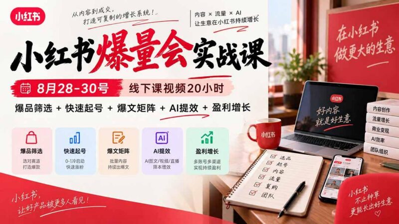 小红书爆量会实战课:8月28-30号线下课视频20小时,爆品筛选+快速起号+爆文矩阵+AI提效+盈利增长 三零资源-三零资源