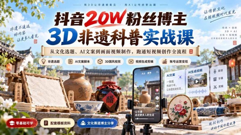 抖音20W粉丝博主3D非遗科普实战课:从文化选题、AI文案到画面视频制作,跑通短视频创作全流程 三零资源-三零资源