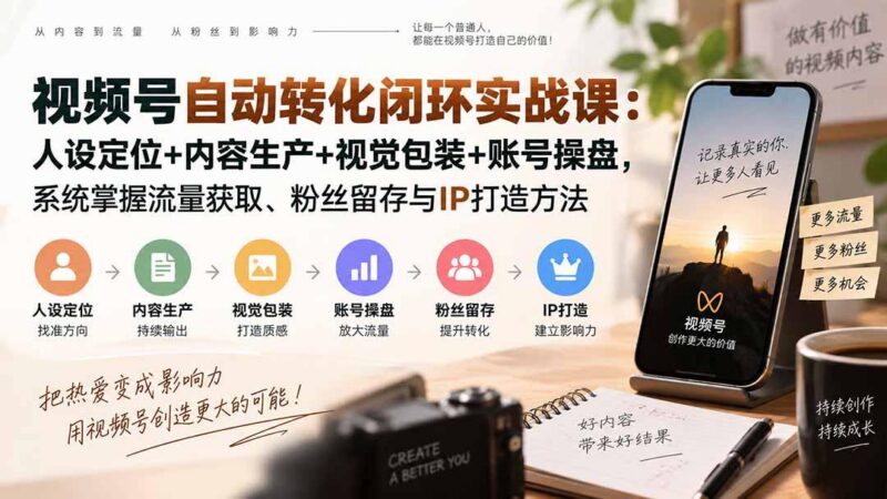 视频号自动转化闭环实战课：人设定位+内容生产+视觉包装+账号操盘，系统掌握流量获取、粉丝留存与IP打造方法-三零资源