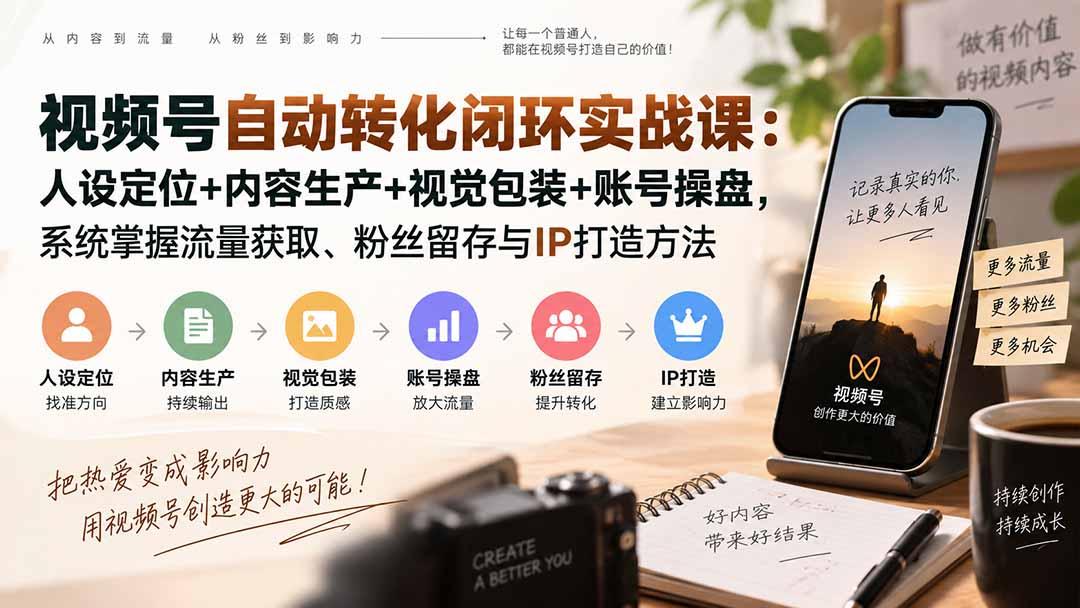 视频号自动转化闭环实战课：人设定位+内容生产+视觉包装+账号操盘，系统掌握流量获取、粉丝留存与IP打造方法