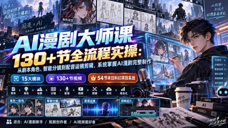 AI漫剧大师课130+节全流程实操:从剧本角色、智能分镜到配音运镜剪辑,系统掌握AI漫剧完整制作-三零资源