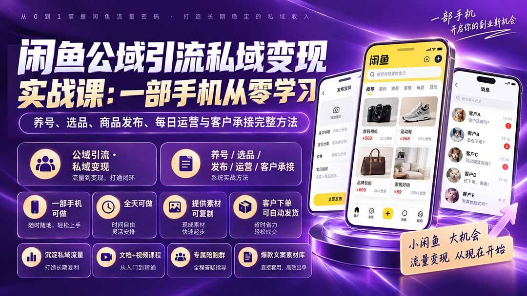 闲鱼公域引流私域变现实战课:一部手机从零学习养号、选品、商品发布、每日运营与客户承接完整方法