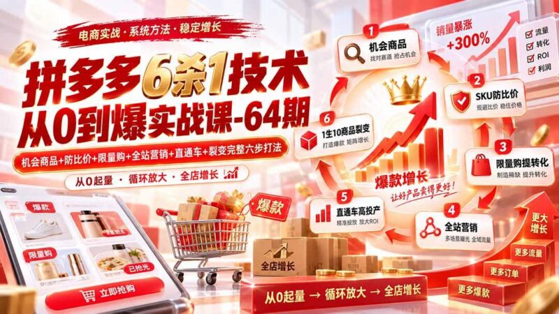 拼多多6杀1技术从0到爆实战课-64期：机会商品+防比价+限量购+全站营销+直通车+裂变完整六步打法-三零资源