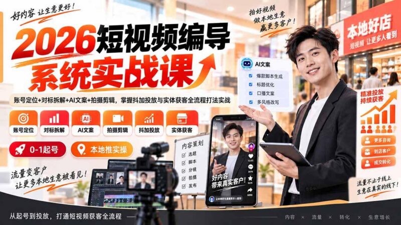 2026短视频编导系统实战课：账号定位+对标拆解+AI文案+拍摄剪辑，掌握抖加投放与实体获客全流程打法实战-三零资源