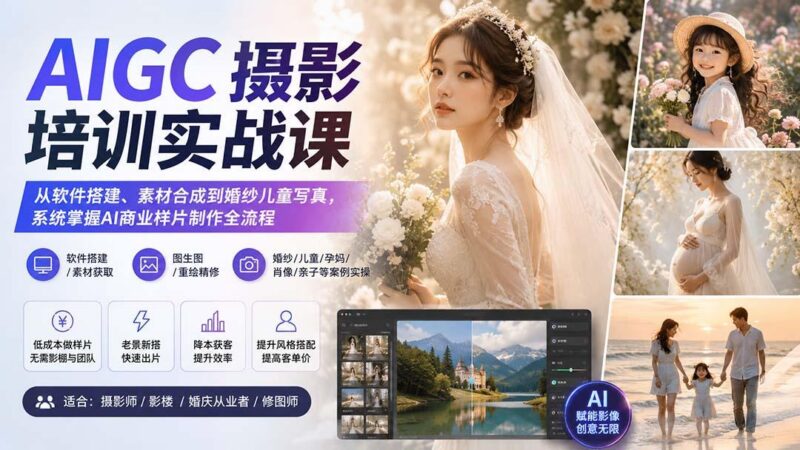 AIGC摄影培训实战课:从软件搭建、素材合成到婚纱儿童写真,系统掌握AI商业样片制作全流程-三零资源