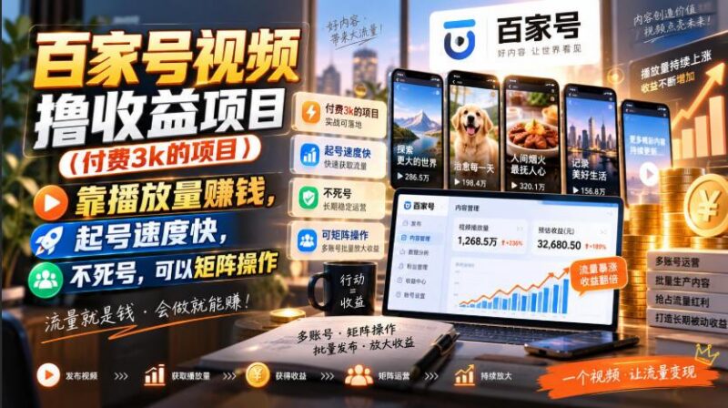 百家号视频撸收益项目(付费3k的项目),靠播放量賺钱,起号速度快,不死号,可以矩阵操作 三零资源-三零资源