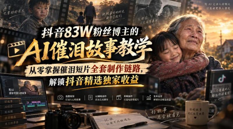 抖音83W粉丝博主的AI催泪故事教学,从零掌握催泪短片全套制作链路,解锁抖音精选独家收益 三零资源-三零资源