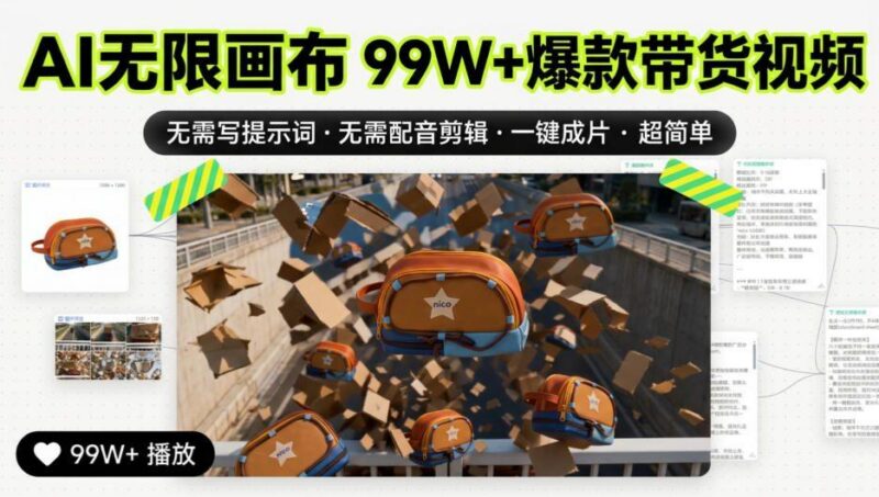 AI无限画布99W+爆款带货视频,无需写提示词·无需配音剪辑·一键成片·超简单 三零资源-三零资源
