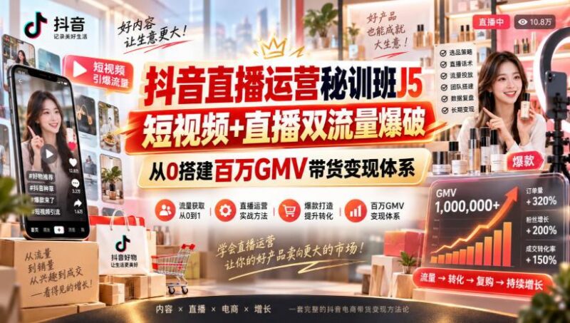 抖音直播运营秘训班J5｜短视频+直播双流量爆破，从0搭建百万GMV带货变现体系 三零资源-三零资源