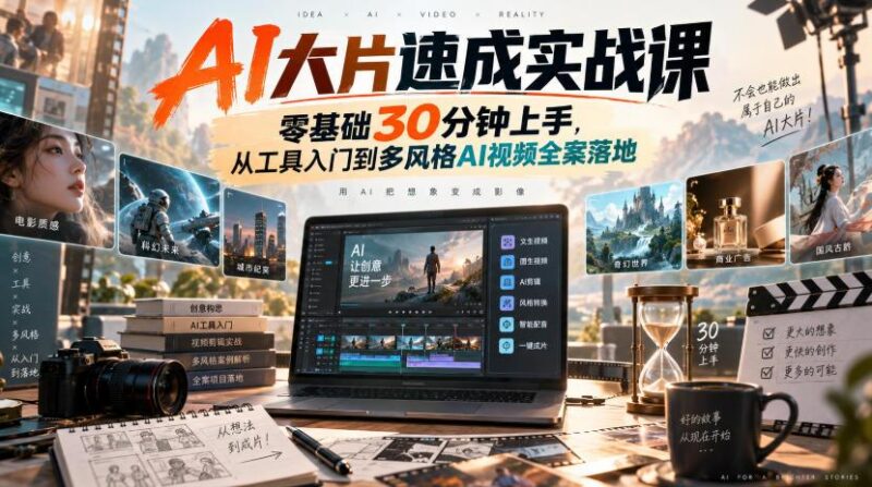 AI大片速成实战课|零基础30分钟上手,从工具入门到多风格AI视频全案落地-三零资源