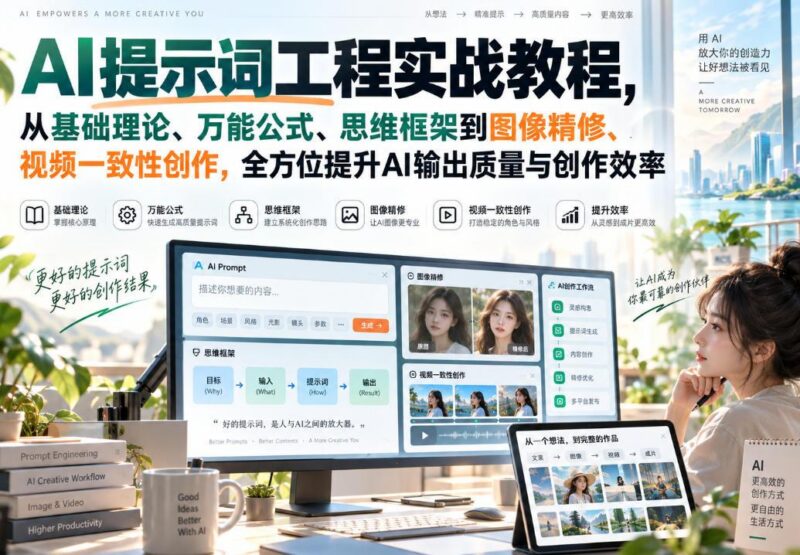 AI提示词工程实战教程，从基础理论、万能公式、思维框架到图像精修、视频一致性创作，全方位提升AI输出质量与创作效率 三零资源-三零资源