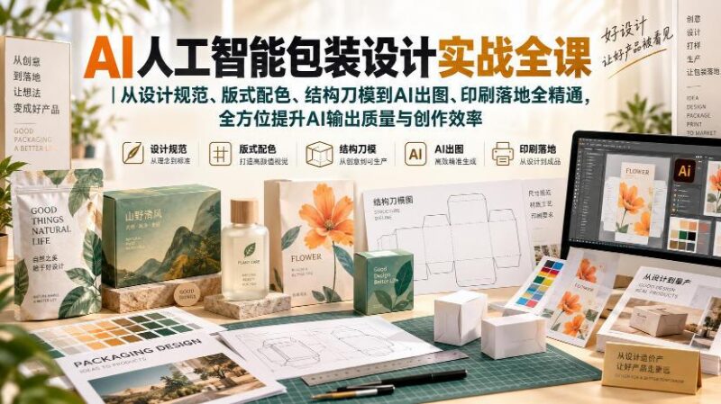 AI人工智能包装设计实战全课|从设计规范、版式配色、结构刀模到AI出图、印刷落地全精通