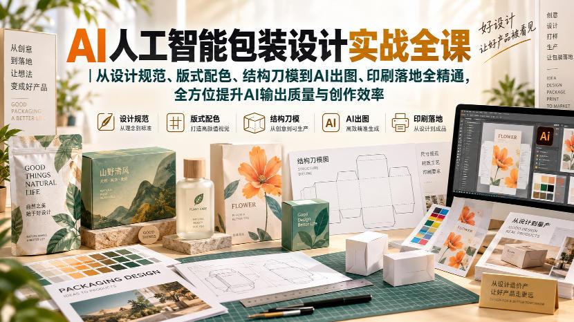 AI人工智能包装设计实战全课｜从设计规范、版式配色、结构刀模到AI出图、印刷落地全精通