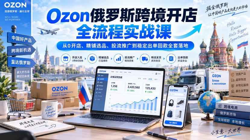 Ozon俄罗斯跨境开店全流程实战课|从0开店、精铺选品、投流推广到稳定出单回款全套落地