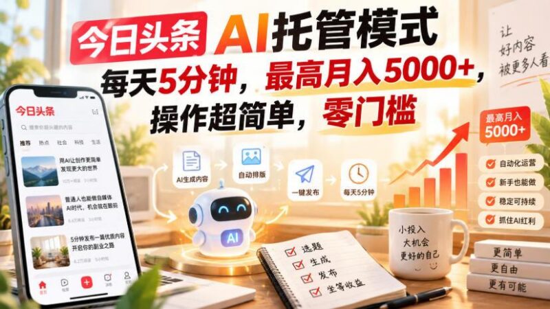 今日头条AI托管模式,每天5分钟,最高月入5000+,操作超简单,零门槛【揭秘】 三零资源-三零资源