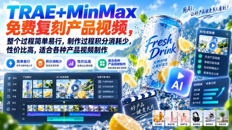 TRAE+MinMax免费复刻产品视频,整个过程简单易行,制作过程积分消耗少,性价比高,适合各种产品视频制作 三零资源-三零资源