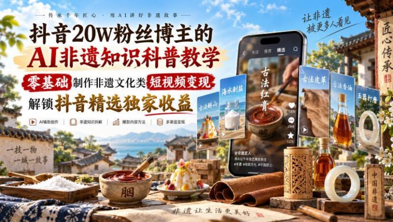 抖音20W粉丝博主的AI非遗知识科普教学,零基础制作非遗文化类短视频变现,解锁抖音精选独家收益 三零资源-三零资源