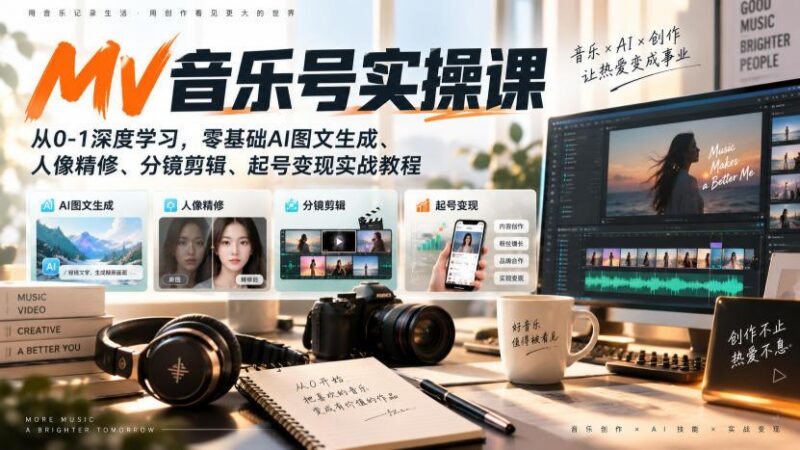 AI MV音乐号实操课,从0-1深度学习,零基础AI图文生成、人像精修、分镜剪辑、起号变现实战教程 三零资源-三零资源