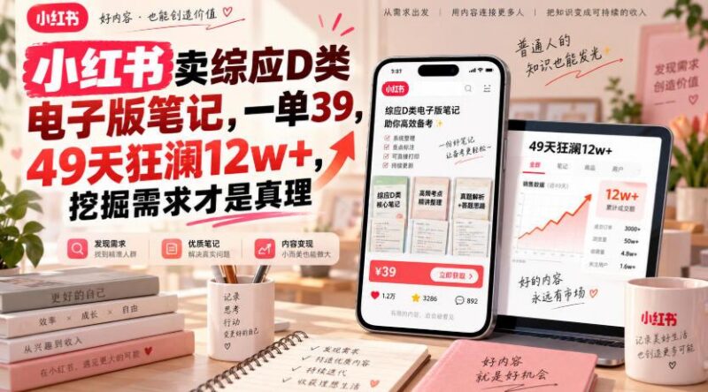 小红书卖综应D类电子版笔记,一单39,49天狂澜12w+,挖掘需求才是真理 三零资源-三零资源