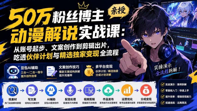 50万粉丝博主亲授动漫解说实战课:从账号起步、文案创作到剪辑出片,吃透伙伴计划与精选独家变现全流程 三零资源-三零资源