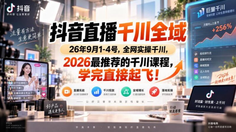 抖音直播千川全域26年9月1-4号,全网实操千川,2026最推荐的千川课程,学完直接起飞! 三零资源-三零资源