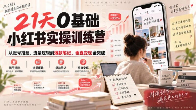 21天0基础小红书实操训练营|从账号搭建、流量逻辑到爆款笔记、垂直变现全突破 三零资源-三零资源