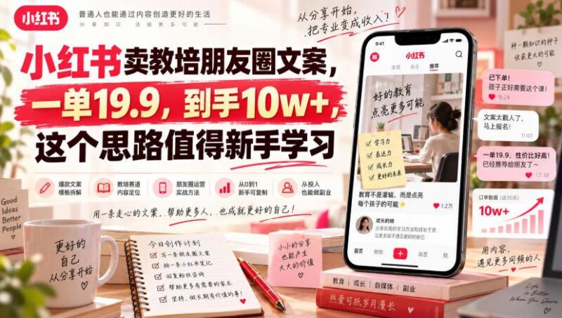 小红书卖教培朋友圈文案，一单19.9，到手10w+，这个思路值得新手学习-三零资源