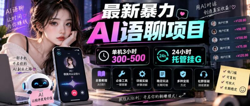最新暴力AI语聊项目,单机3小时300-500,24小时托管挂G,附全套教程及工具【揭秘】-三零资源
