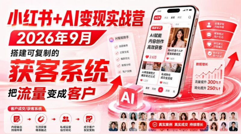 小红书+AI变现实战营2026年9月,搭建可复制的获客系统,把流量变成客户!-三零资源