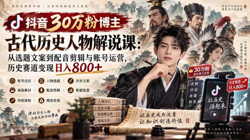 抖音30万粉博主古代历史人物解说课：从选题文案到配音剪辑与账号运营，历史赛道变现日入800+ 三零资源-三零资源
