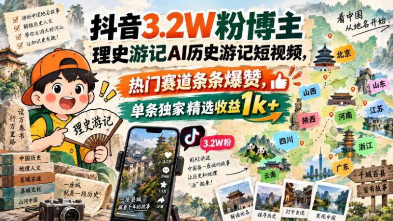 抖音3.2W粉博主理史游记AI历史游记短视频教学，热门赛道条条爆赞，单条独家精选收益1k+ 三零资源-三零资源