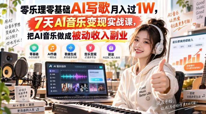 零乐理零基础AI写歌月入过1W，7天AI音乐变现实战课，把AI音乐做成被动收入副业-三零资源