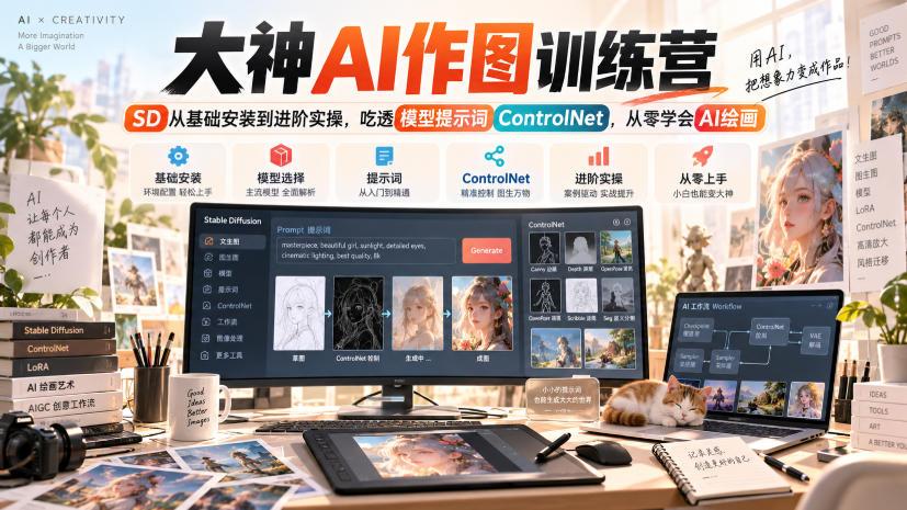 大神AI作图训练营,SD从基础安装到进阶实操,吃透模型提示词ControlNet,从零学会AI绘画