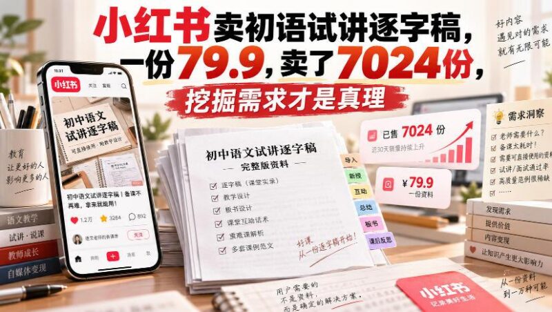小红书卖初语试讲逐字稿,一份79.9,卖了7024份,挖掘需求才是真理 三零资源-三零资源