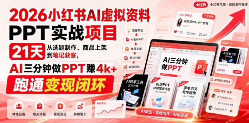 2026小红书AI虚拟资料PPT实战项目,21天从选题制作、商品上架到笔记获客,AI三分钟做PPT赚4k+跑通变现闭环 三零资源-三零资源