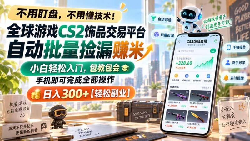 全球游戏CS2饰品交易平台自动批量捡漏赚米,小白轻松入门,包教包会,手机即可完成全部操作,日入300+【轻松副业】 三零资源-三零资源