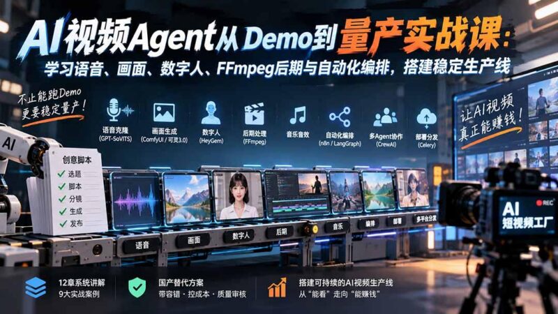 AI视频Agent从Demo到量产实战课:学习语音、画面、数字人、FFmpeg后期与自动化编排,搭建稳定生产线 三零资源-三零资源