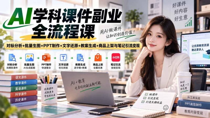AI学科课件副业全流程课|对标分析+批量生图+PPT制作+文字还原+教案生成+商品上架与笔记引流变现 三零资源-三零资源