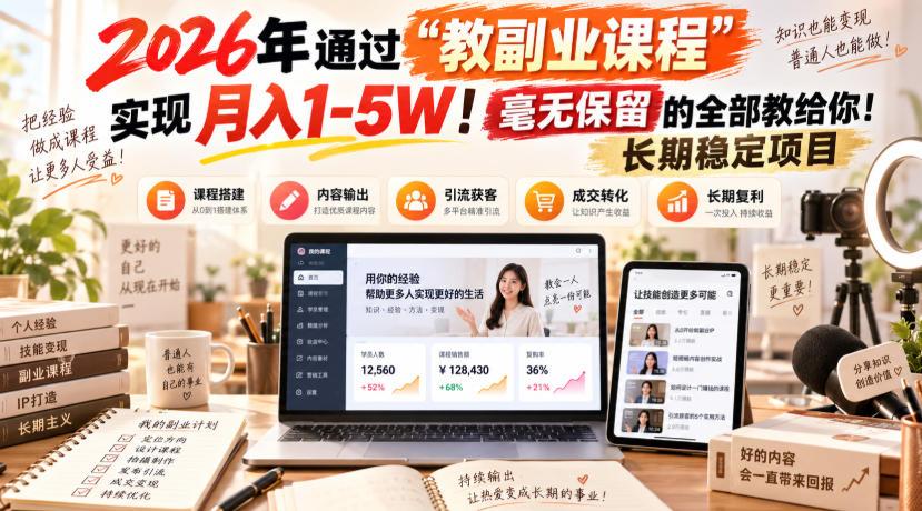 2026年通过“教副业课程”实现月入1-5W!毫无保留的全部教给你!长期稳定项目