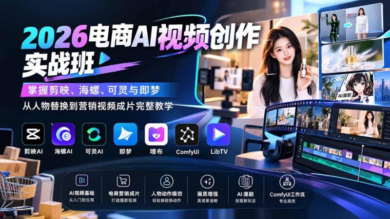 2026电商AI视频创作实战班:掌握剪映、海螺、可灵与即梦,从人物替换到营销视频成片完整教学 三零资源-三零资源